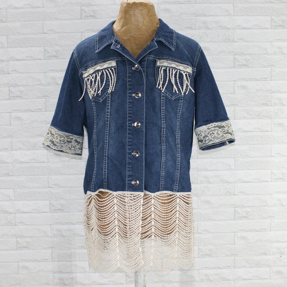 HAND CRAFTED Jacket Upcycled Jean Blue Denim Short Sleeve Lace Plus Size 14